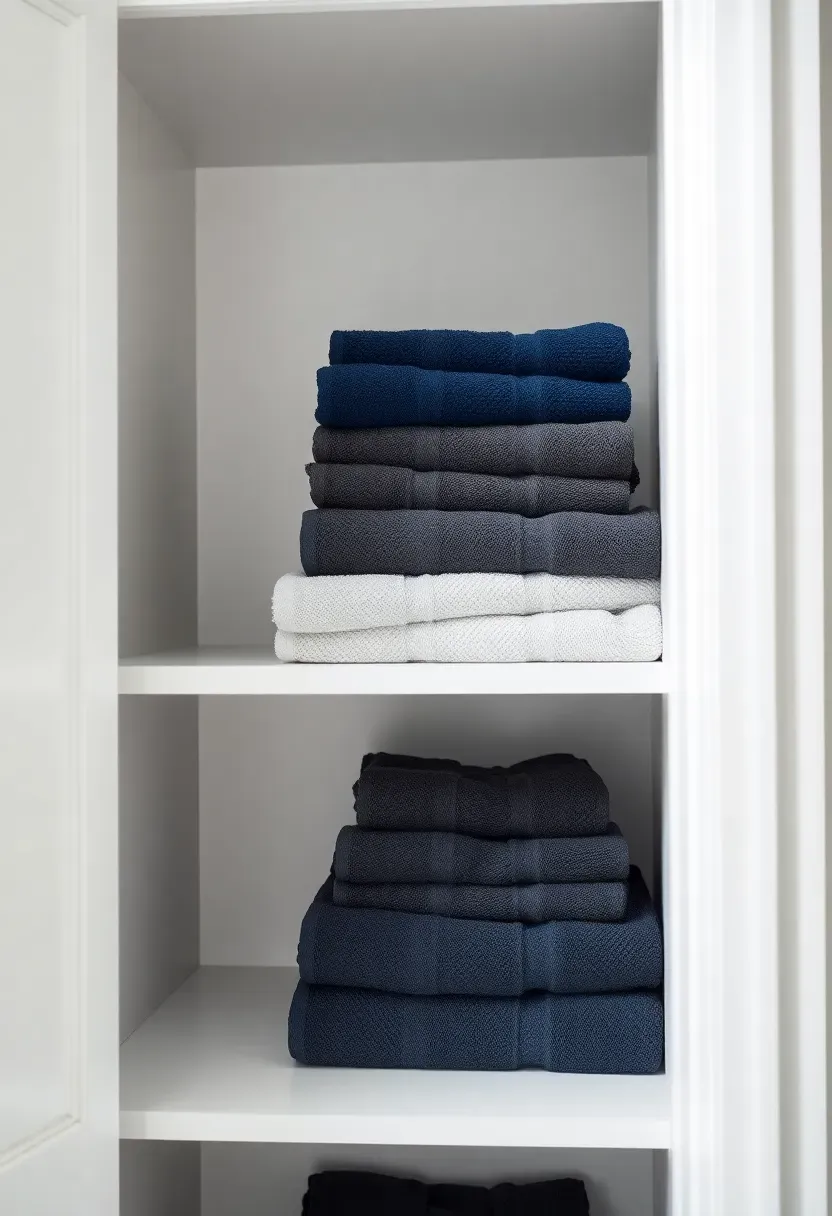Bathroom linen closet with color-coded towel stacks separated into navy blue, charcoal gray, and crisp white sections on white shelves