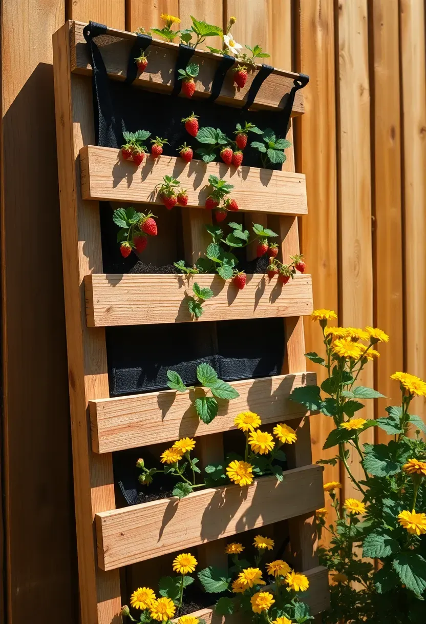 Vertical pallet planter box leaning against a sunny fence with pockets of strawberry plants and marigolds between the slats