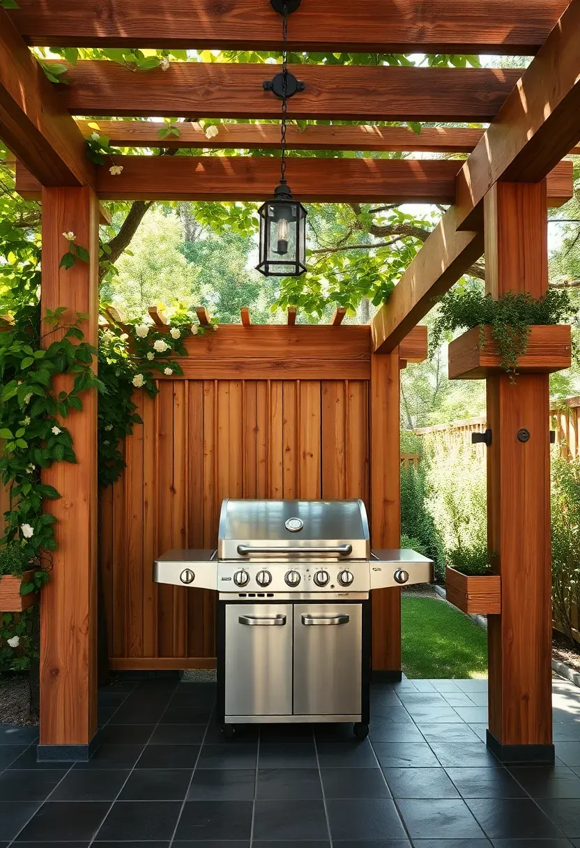 Gas grill positioned under a wooden pergola with climbing vines on one side, slate tile floor, pendant light overhead, and herb planter boxes along the posts