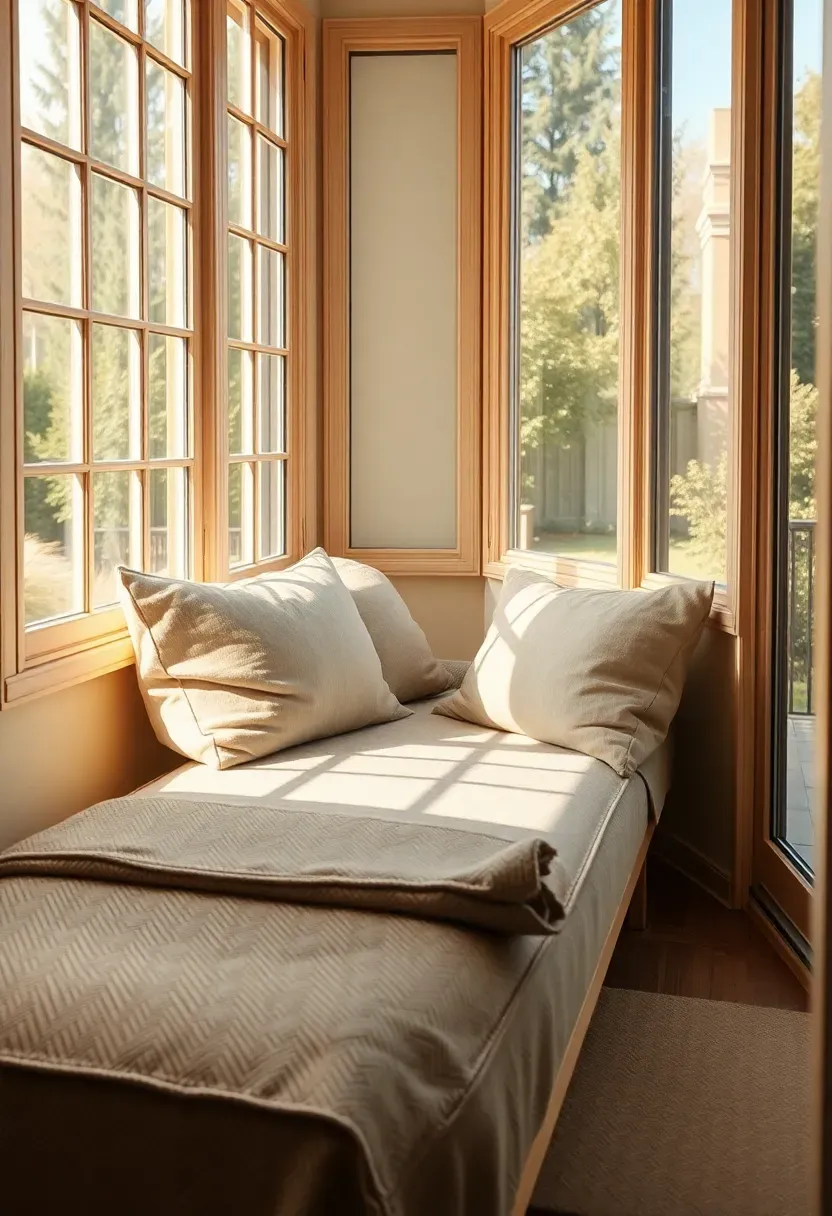 Narrow sunroom with a slim upholstered daybed pushed against a wall of tall windows, linen bolster pillows, a folded wool blanket, and afternoon light casting soft shadows on the cushion