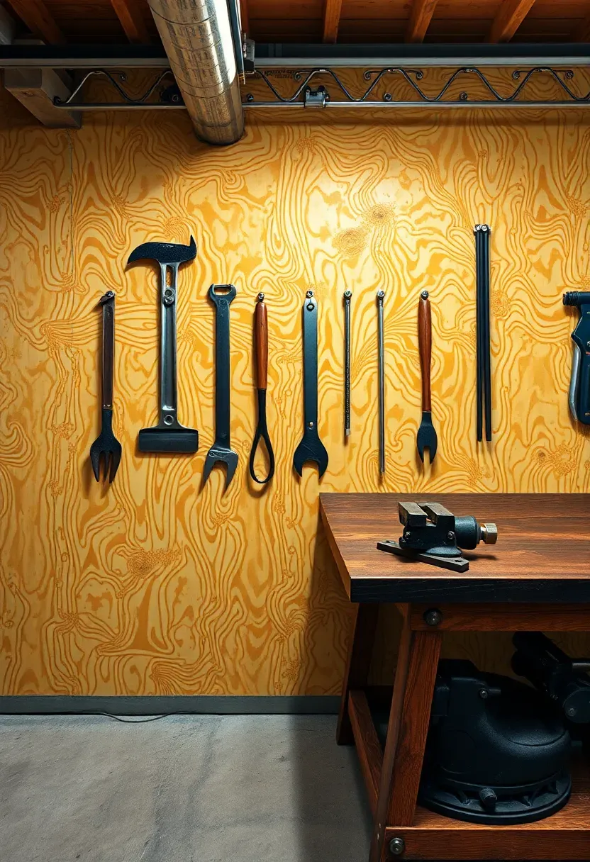 oriented strand board OSB accent wall in a basement workshop with tools hanging on the surface