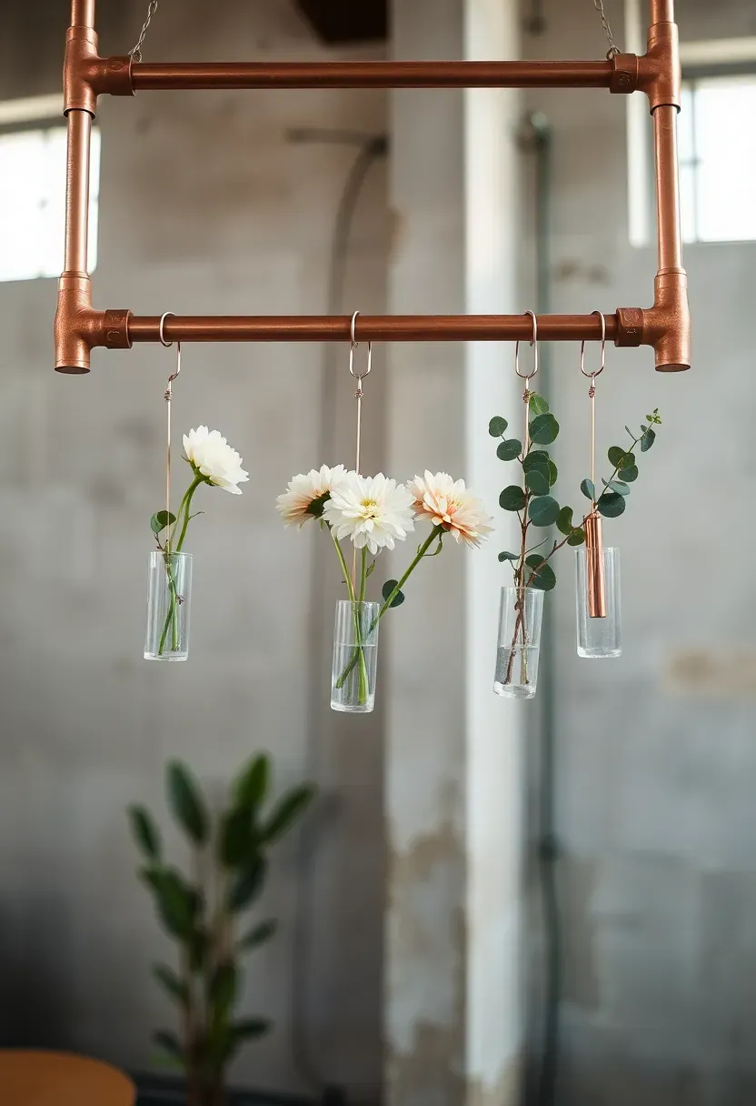 Copper pipe hanging flower display bar with suspended test tubes and small vases filled with single stems and greenery at a modern event