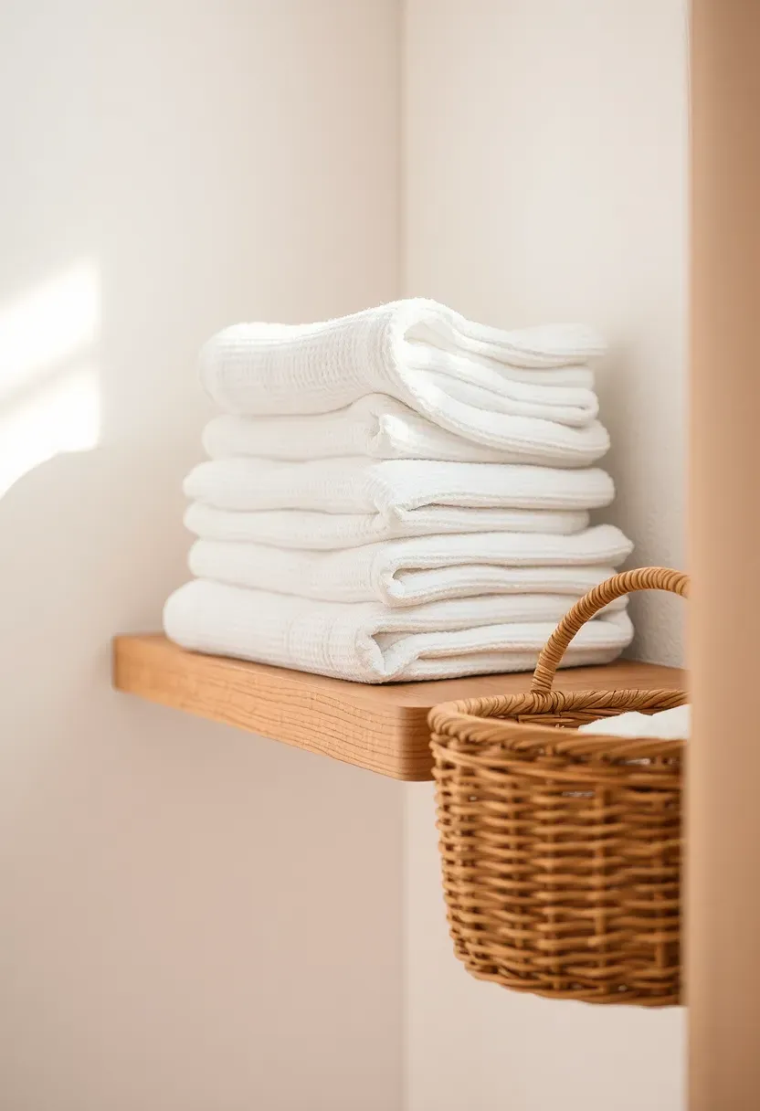 stack of folded white waffle towels on open wood shelf with wicker basket