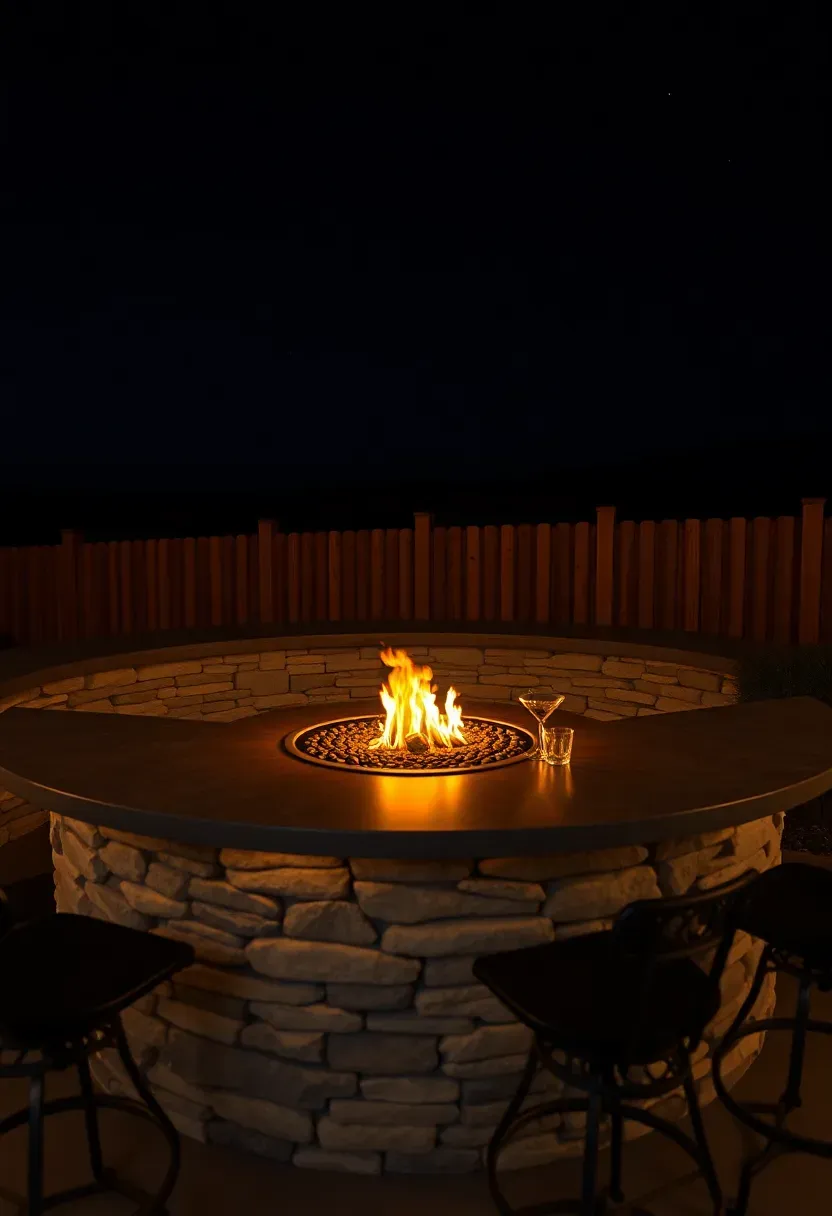 Circular fire pit surrounded by a curved bar-height counter with stone veneer, bar stools around the outside, flames glowing, starry night sky
