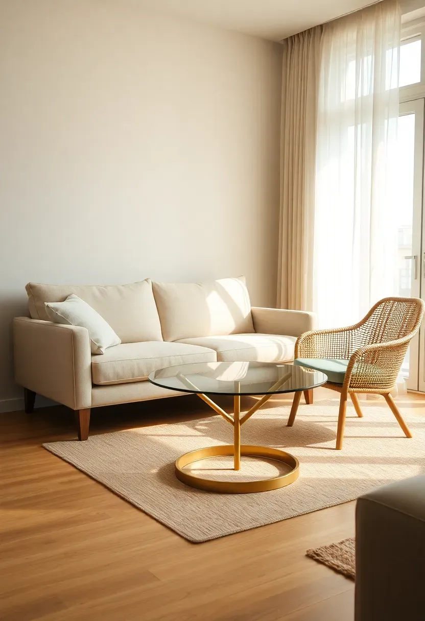 Compact apartment living room with a slim-profile loveseat, round glass coffee table, and leggy accent chair showing visible floor beneath each piece