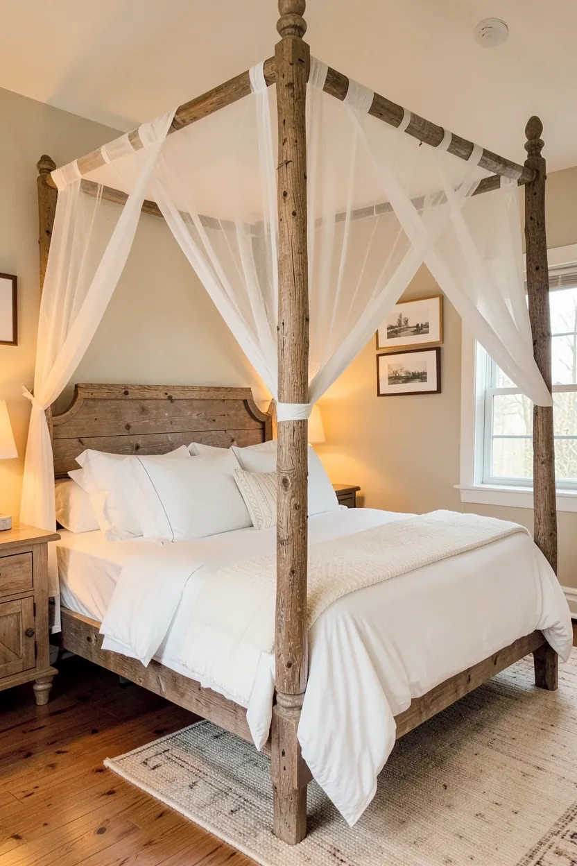 Farmhouse canopy bed with weathered wood posts and sheer white fabric draped for a romantic vintage bedroom look