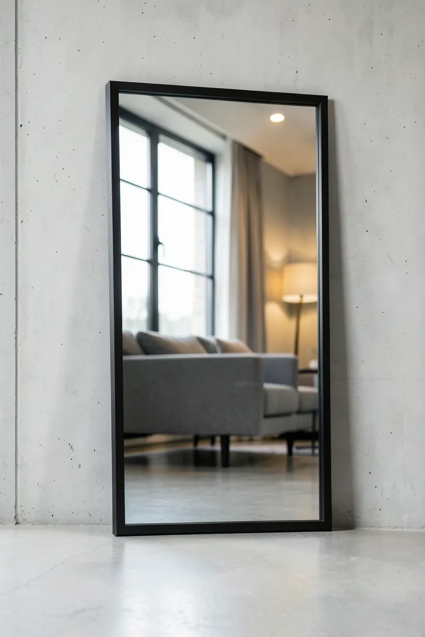 Oversized rectangular black metal framed mirror leaning against a white wall in an industrial minimalist living room, reflecting natural light and making the rental space feel larger