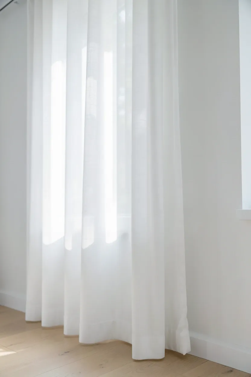 White sheer curtains hung high above large windows filtering soft natural light in a bright minimalist rental living room