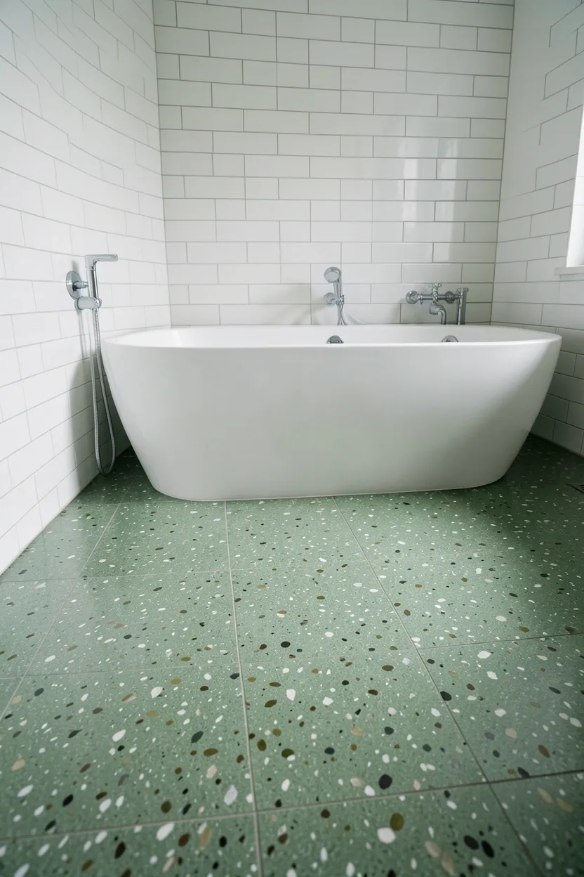 Hyper-realistic eye-level photograph of a modern green bathroom floor showing muted green terrazzo tiles with subtle sage, olive, and white speckles, white subway tile walls, white freestanding tub, chrome fixtures. Natural light. Materials: muted green terrazzo, white ceramic tiles, porcelain tub. Subtle patterned green floor. Modern sophisticated aesthetic. No text, no logos, no watermarks.</p>