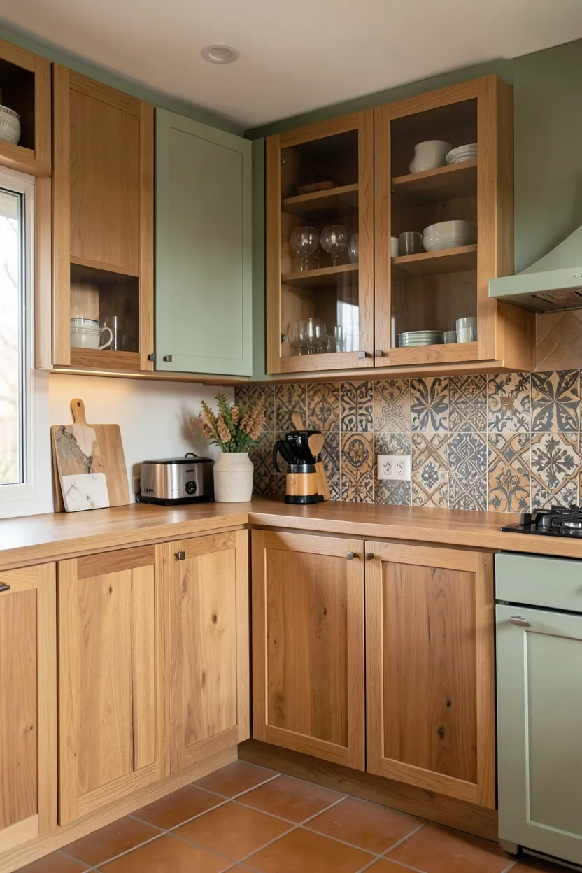 Mixed cabinetry in a modern boho kitchen combining natural wood lowers, cream painted uppers, and glass-fronted cabinets displaying ceramics
