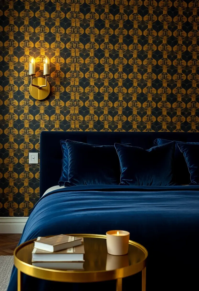bedroom with bold black and gold geometric wallpaper accent wall behind a velvet upholstered bed with matching throw pillows
