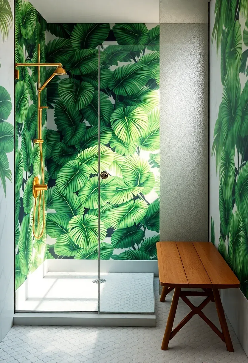 Tropical coastal bathroom with bold green palm leaf wallpaper on one wall, white marble floor, brass rainfall shower head, and a teak shower bench