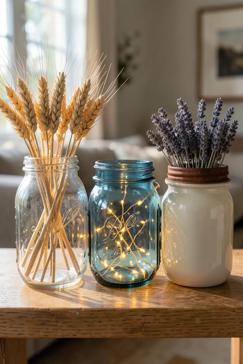 Mason jars filled with wheat stems and fairy lights grouped on a farmhouse living room mantel