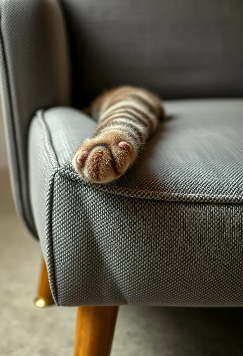 Close-up of slate grey microfiber performance fabric armchair with cat paw pressing into intact surface, solid beech leg, and brushed brass caster visible