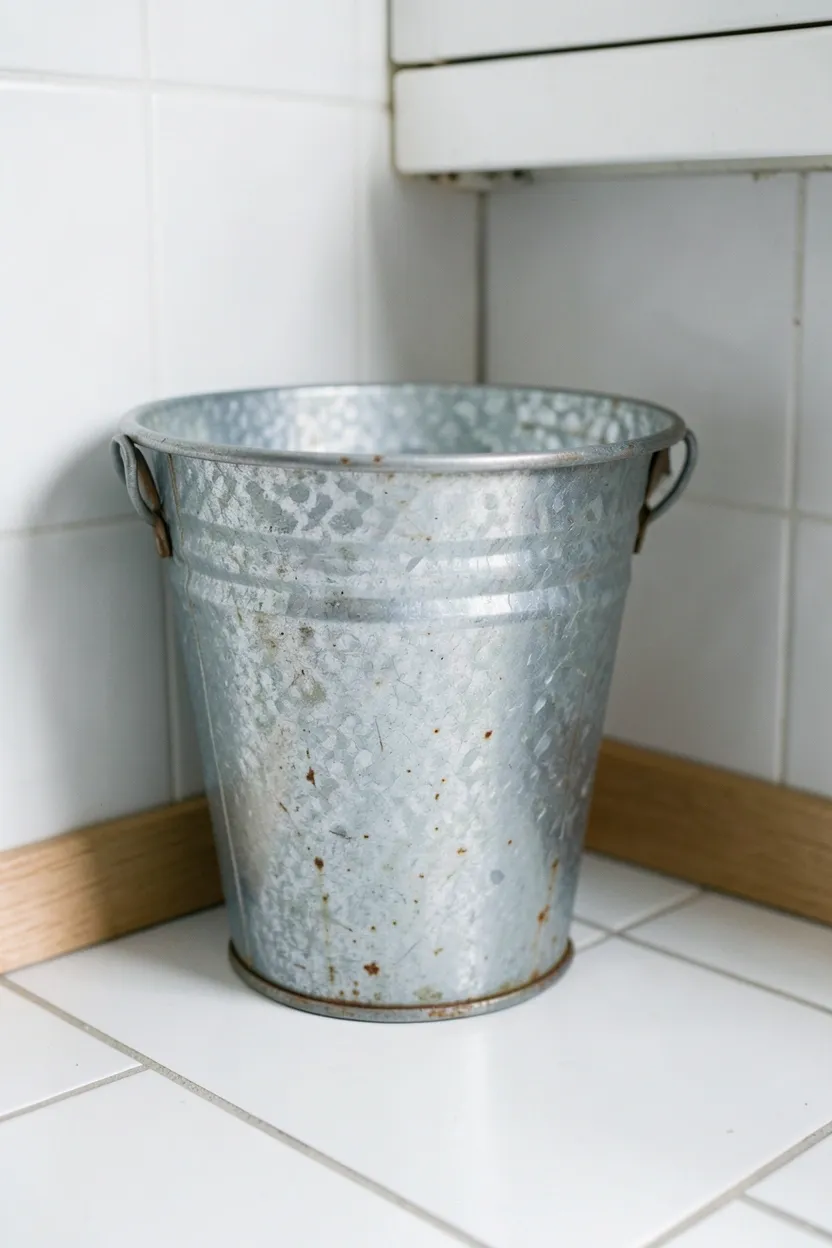 Galvanized metal bucket and planters as rustic farmhouse bathroom accents on wood shelving with dried herbs