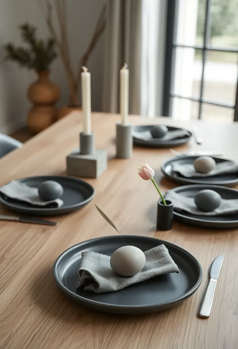 modern minimalist Easter table setting with clean lines geometric ceramics and single tulip stems