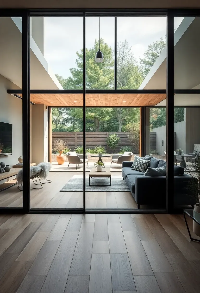 Hyper-realistic view from living room through sliding glass doors to outdoor patio. Materials: continuous white oak flooring extending from indoor to outdoor, charcoal indoor sofa visible, outdoor seating area with coordinated design, large sliding glass panels open to create seamless flow. Consistent design language blurring interior-exterior boundary.</p>