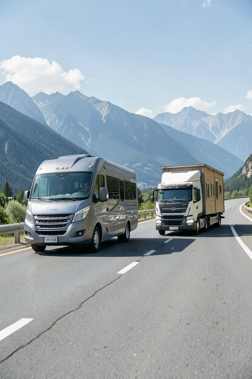 Class A motorhome driving on a mountain highway, representing RV travel flexibility and freedom to move locations