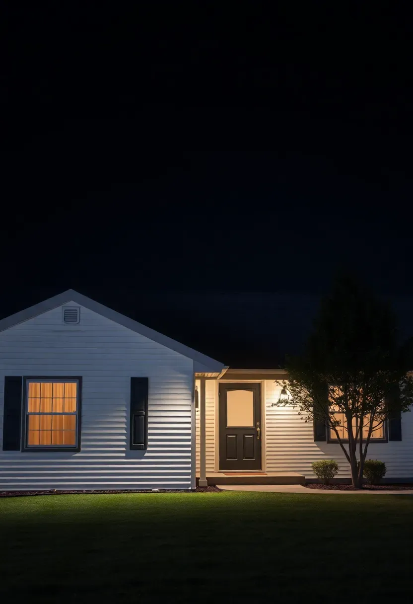 Hyper-realistic night exterior shot of ranch-style home featuring under-eave LED lighting creating uplighting effect. Single-story house with wide roof overhang, white horizontal lap siding, dark trim, gray asphalt roof. Warm white C9 LED bulbs mounted along underside of roof eave spaced approximately 18 inches apart, creating upward wash of light that illuminates siding and architectural details subtly. Windows show warm interior glow, front door illuminated indirectly. Front yard with manicured lawn, light frost on grass, two mature trees in yard. Dark clear night sky. Materials: painted wood siding, asphalt shingles, LED bulbs. Warm white uplighting (3000K) creating gentle facade wash and depth, sophisticated ambient mood, wide composition showing entire house front, balanced illumination without hot spots. No text logos watermarks.</p>