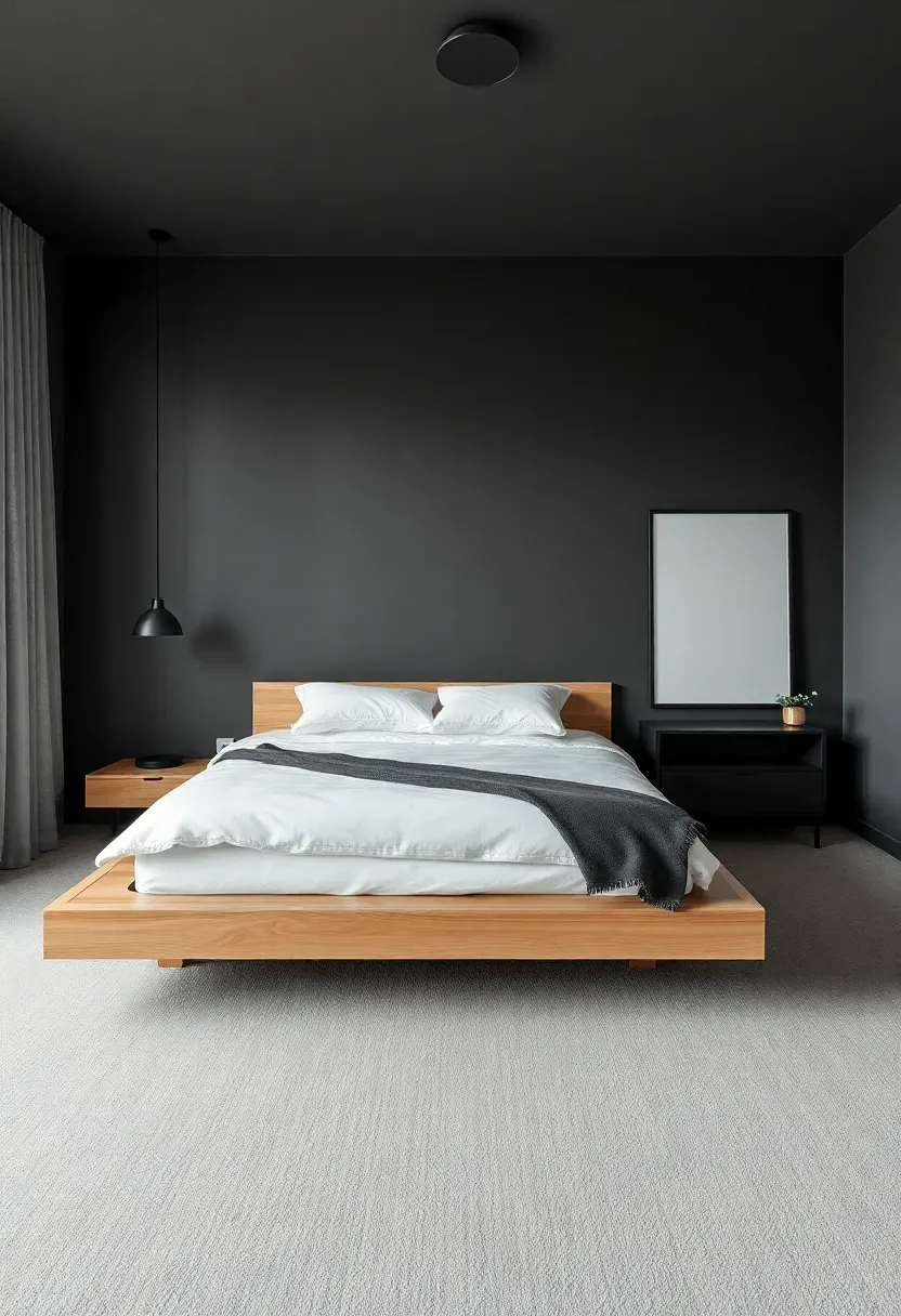 Hyper-realistic wide shot of a moody minimalist bedroom with carbon gray walls, low-profile platform bed in light wood, crisp white duvet, simple black bedside tables, minimal black-framed art. Visible room context with light gray carpet, modern ceiling light. Materials: matte carbon paint, natural ash wood, crisp white cotton, matte black. Clean modern lighting, minimal shadows for serene look. No text, no logos, no watermarks.</p>