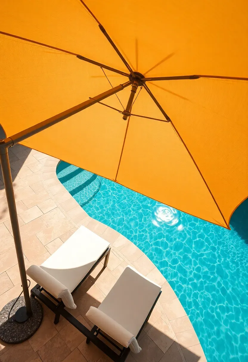 Large cantilever patio umbrella with sand-colored canopy tilted at an angle over a poolside lounge area