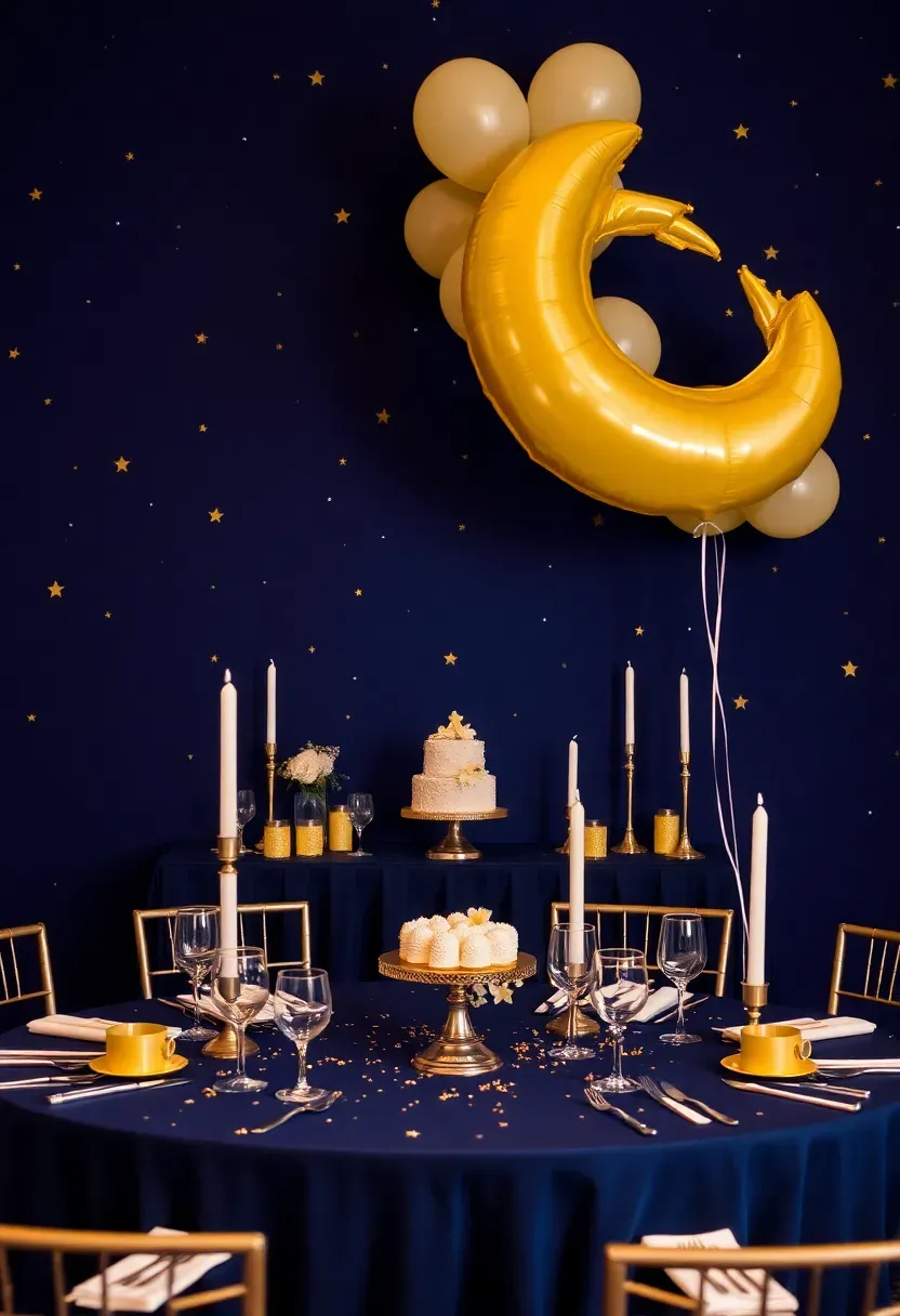 constellation themed baby shower with dark blue backdrop gold stars and celestial table decor