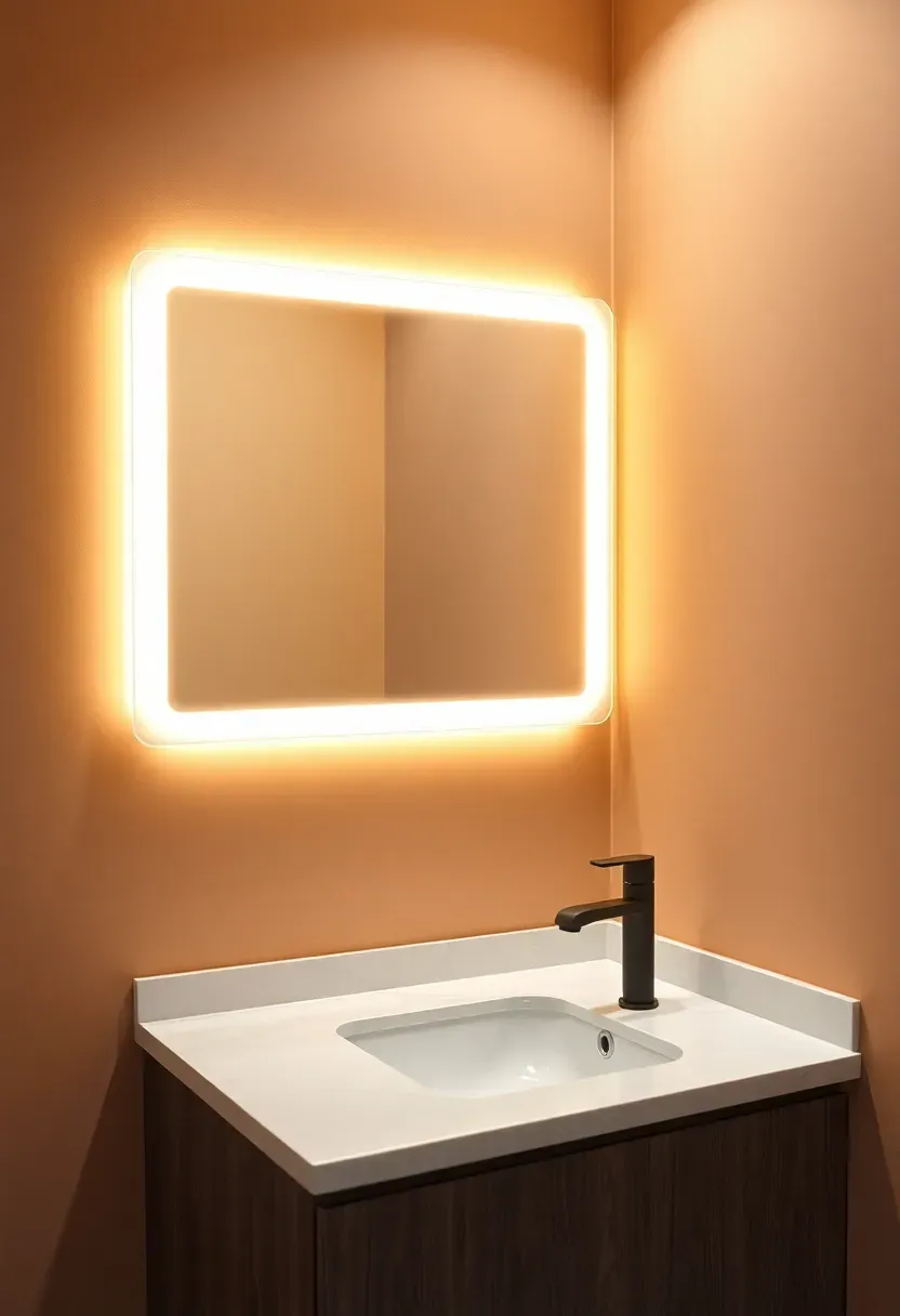 Basement bathroom vanity area with a large backlit rectangular mirror casting warm ambient light on neutral walls