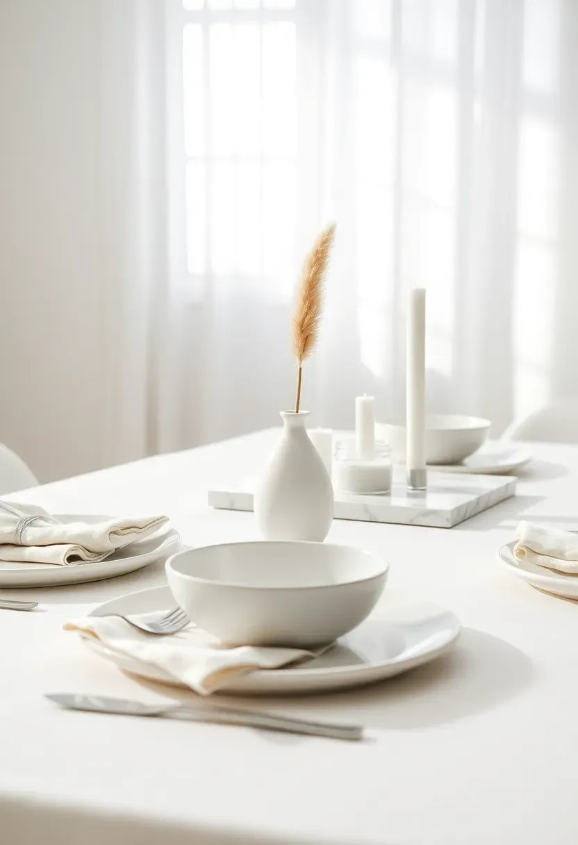 Minimalist monochrome party table in all white with simple linen napkins and a single stem vase