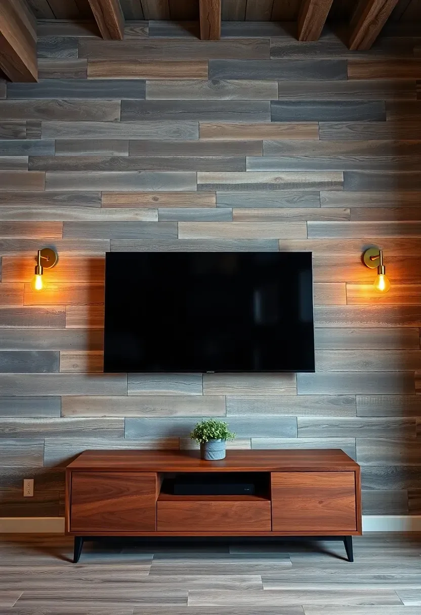 Basement tv room with a reclaimed barn wood plank wall behind a 65-inch flat screen television, warm Edison bulb sconces on each side, and a low walnut media console