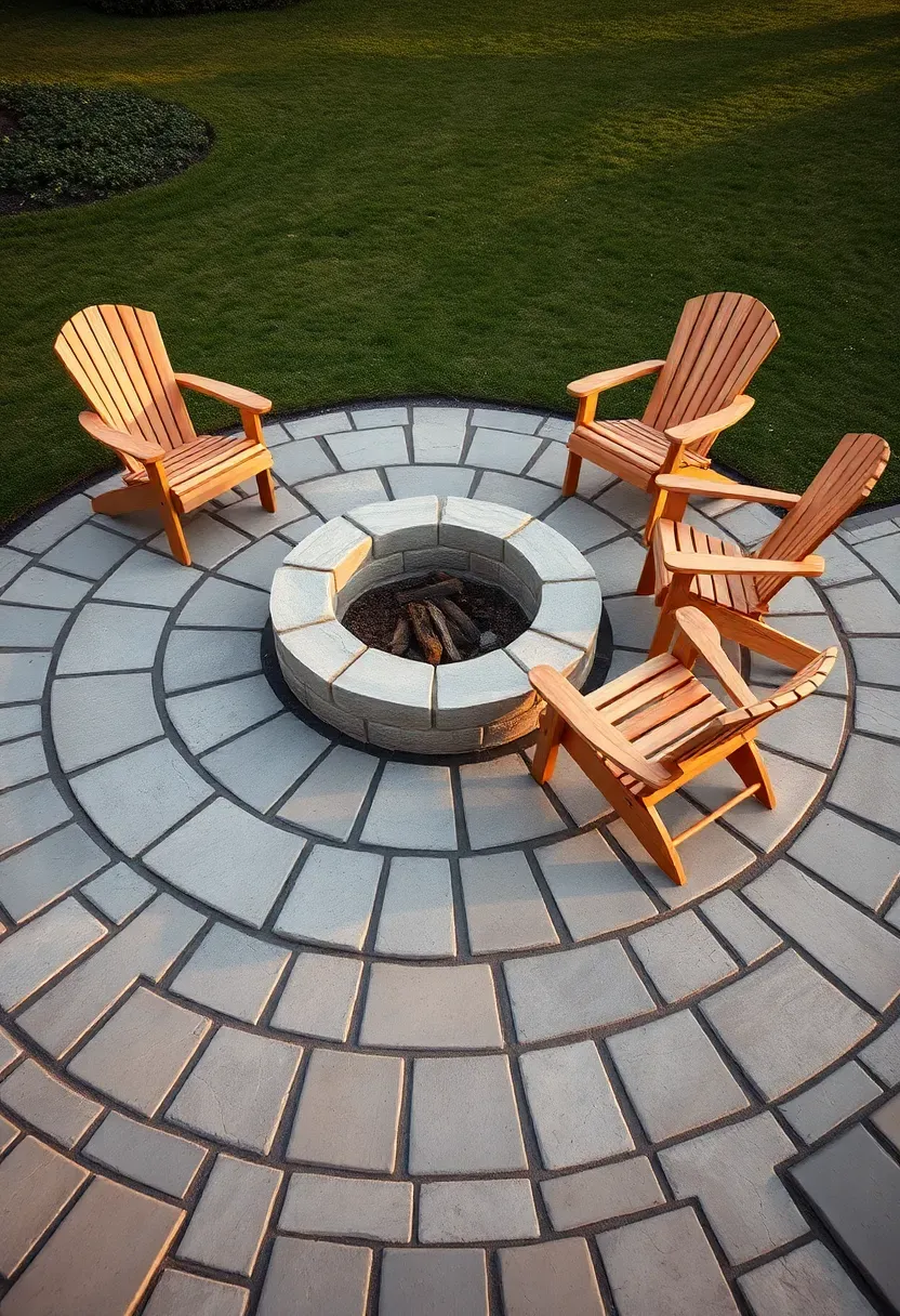 A circular mortared stone fire pit pad made of cut limestone blocks on a flagstone patio with four wooden Muskoka chairs arranged around the fire