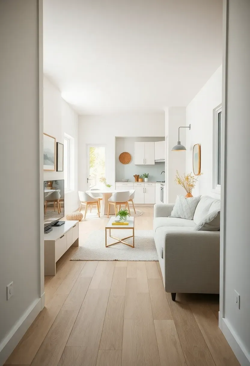 Hyper-realistic 3/4 view of a tiny house interior with light neutral palette, continuous white oak floor from living to kitchen, white walls. Materials: white oak floor, matte white walls, light linen upholstery, pale ceramic. Warm diffused window light, creamy neutrals throughout. Mood: spacious, bright, calm. Shallow depth of field, sharp details, balanced composition, soft shadows, visible room context. No text, no logos, no watermarks.</p>