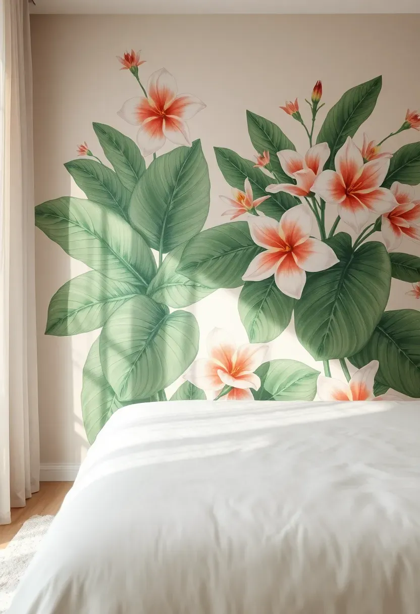 Hand-painted botanical mural covering a bedroom wall with oversized leaves and flowers in soft sage green, blush pink, and cream tones
