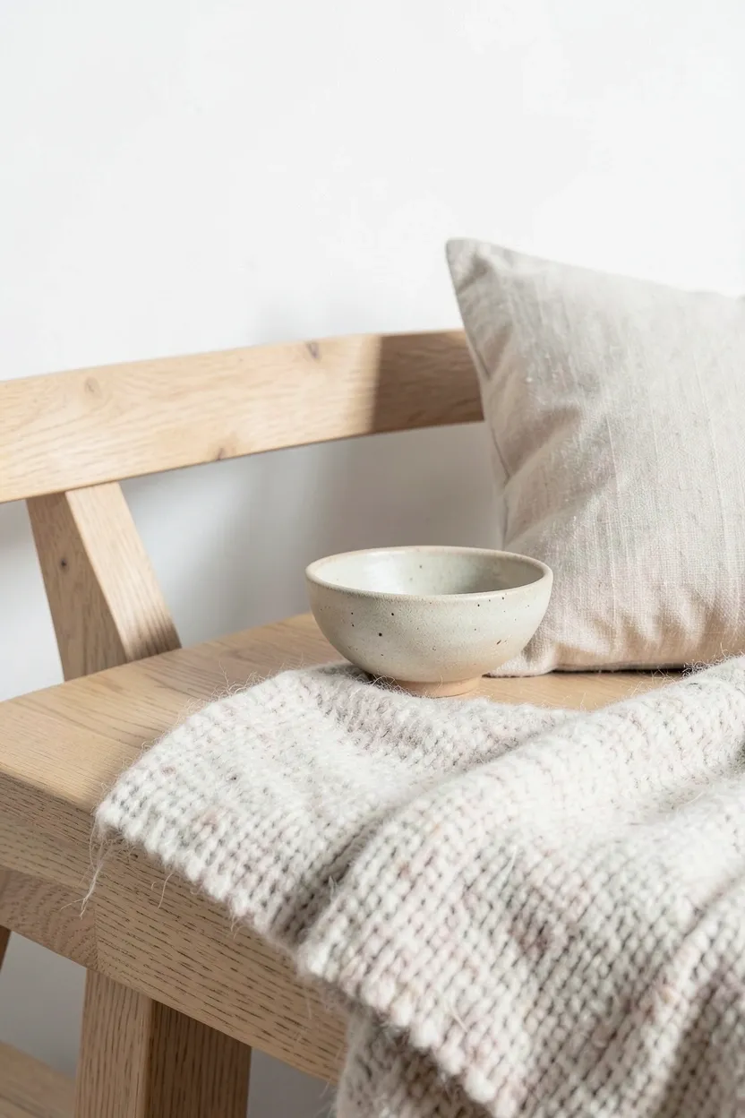 Hyper-realistic detail shot of Japandi interior principles. Light oak wood furniture showing visible joinery and natural grain, handmade ceramic bowl with subtle imperfections, wool throw with natural texture variation, linen cushion. White background providing contrast. Materials: pale oak with honest grain, matte ceramic with visible hand-thrown marks, natural wool with fiber texture, crisp linen. Soft directional lighting highlighting material authenticity and craftsmanship. Principle-focused mood showing intentional objects with clear purpose and beauty.</p>