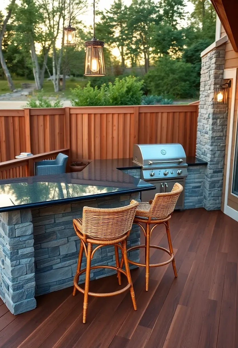 Backyard deck with a dedicated outdoor kitchen zone featuring a built-in grill, stone countertop, bar stools, and pendant lights