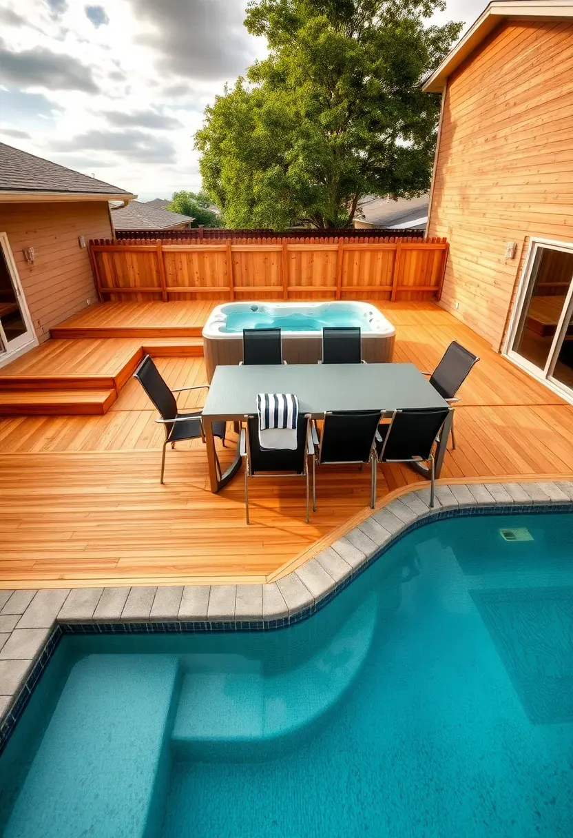 An L-shaped wooden deck wrapping around two sides of a rectangular swim spa with outdoor dining furniture on the longer wing