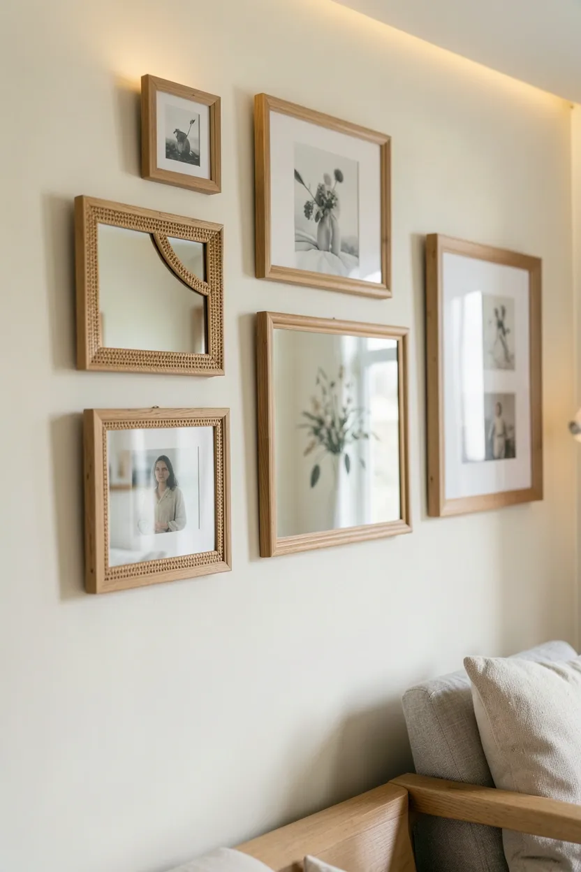 Curated gallery wall with natural wood frames, small round mirrors, and botanical prints in asymmetric arrangement in a bright Scandinavian boho living room