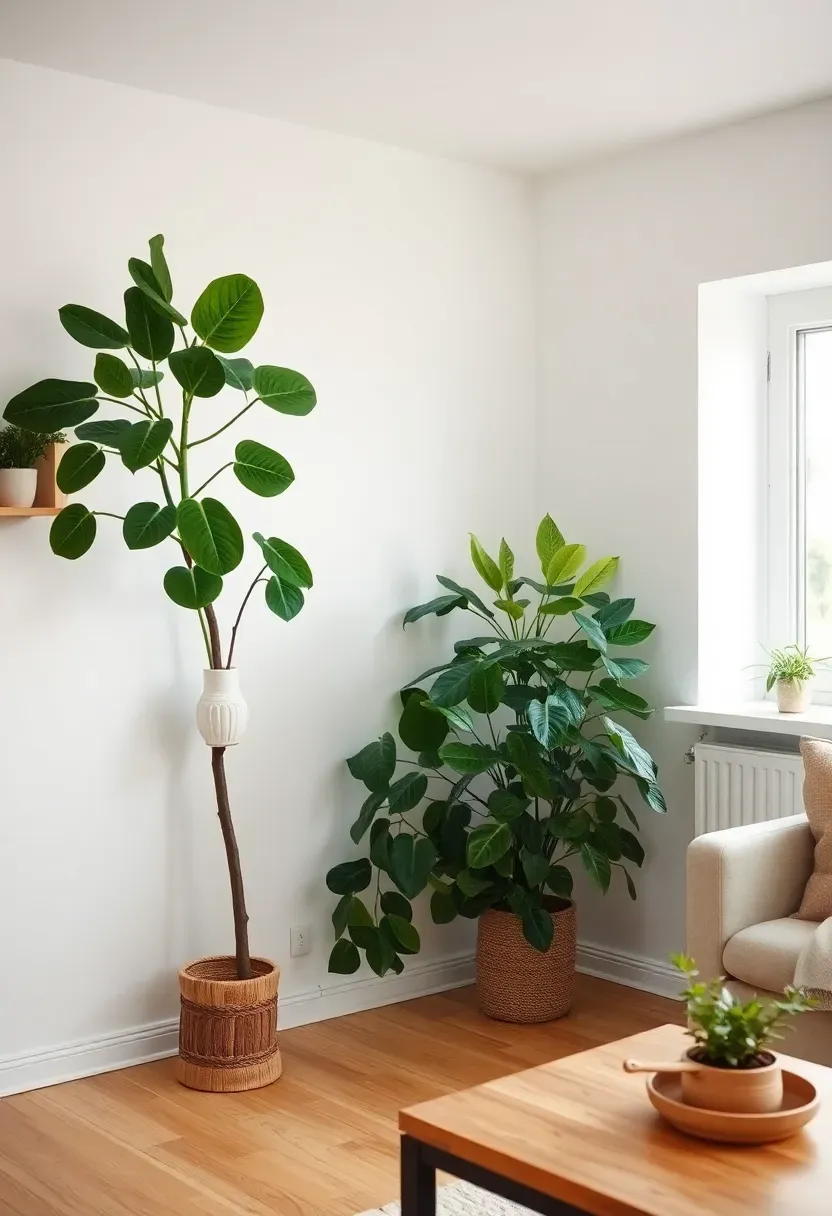 Hyper-realistic view of Scandinavian room with indoor plants. Large fiddle leaf fig tree in corner reaching toward ceiling, small snake plant on shelf, white ceramic vase with single branch, potted succulent on coffee table. White walls, light oak floor, minimal furniture allowing plants to stand out. Greenery providing organic contrast to clean lines. Natural light from window encouraging plant growth. Biophilic design mood showing how plants bring life and organic beauty to minimalist spaces without overwhelming calm aesthetic.</p>