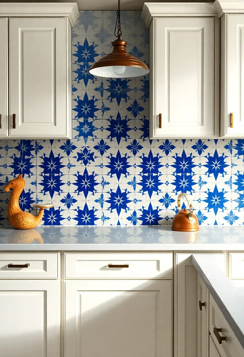 blue and white patterned cement tile backsplash with geometric star motifs in kitchen with white cabinets and quartz countertops