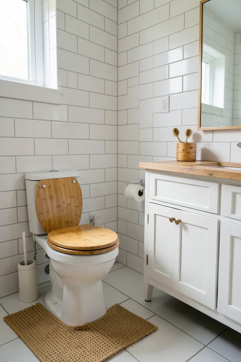 Hyper-realistic eye-level photograph of a modern earthy bathroom featuring bamboo accessories including bamboo toilet seat with natural golden-brown grain, bamboo bath mat, bamboo toothbrush holder, white subway tile walls, white vanity with wood countertop. Natural light. Materials: natural bamboo, white ceramic tiles, wood countertop, white painted vanity cabinet. Sustainable bamboo accessories. Natural bamboo grain texture. No text, no logos, no watermarks.</p>