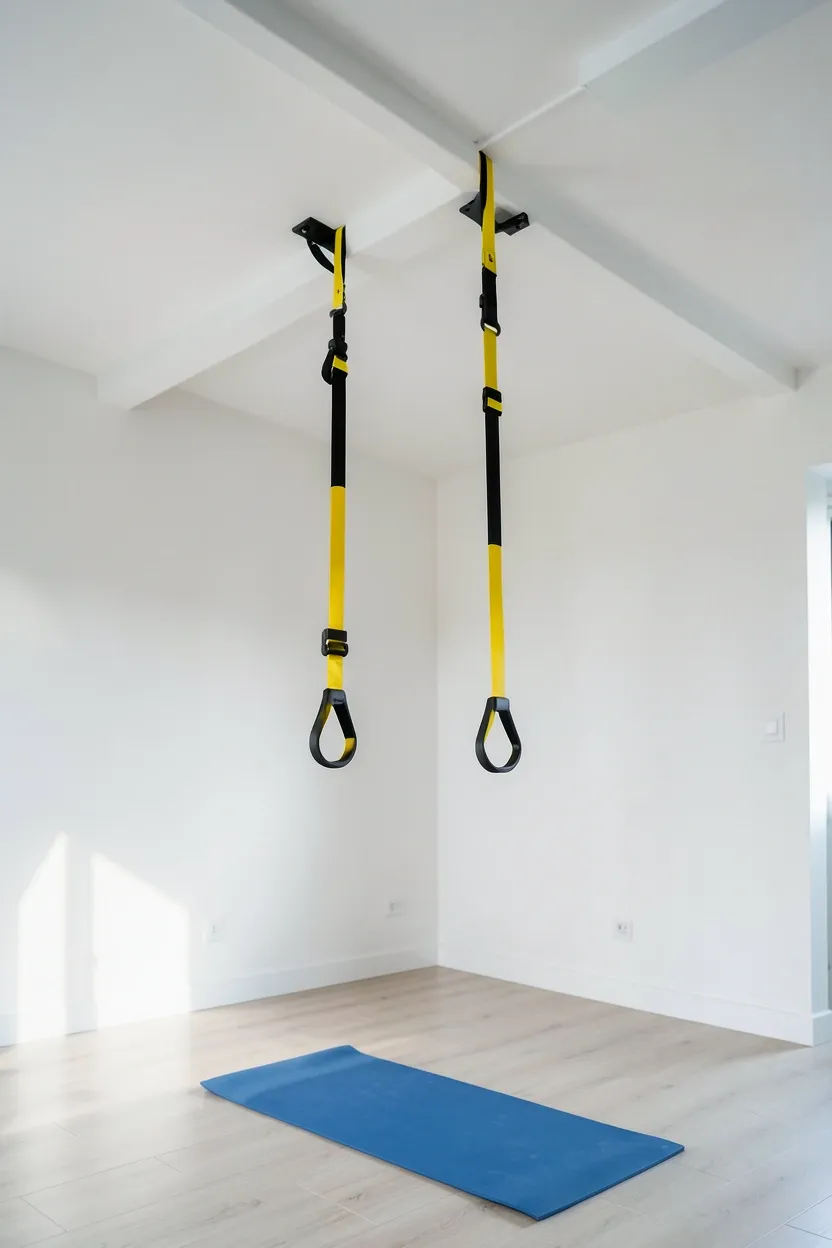 Suspension trainer mounted from ceiling bracket in a minimalist home gym with clear open floor space — full-body training setup that uses zero floor space in a small room