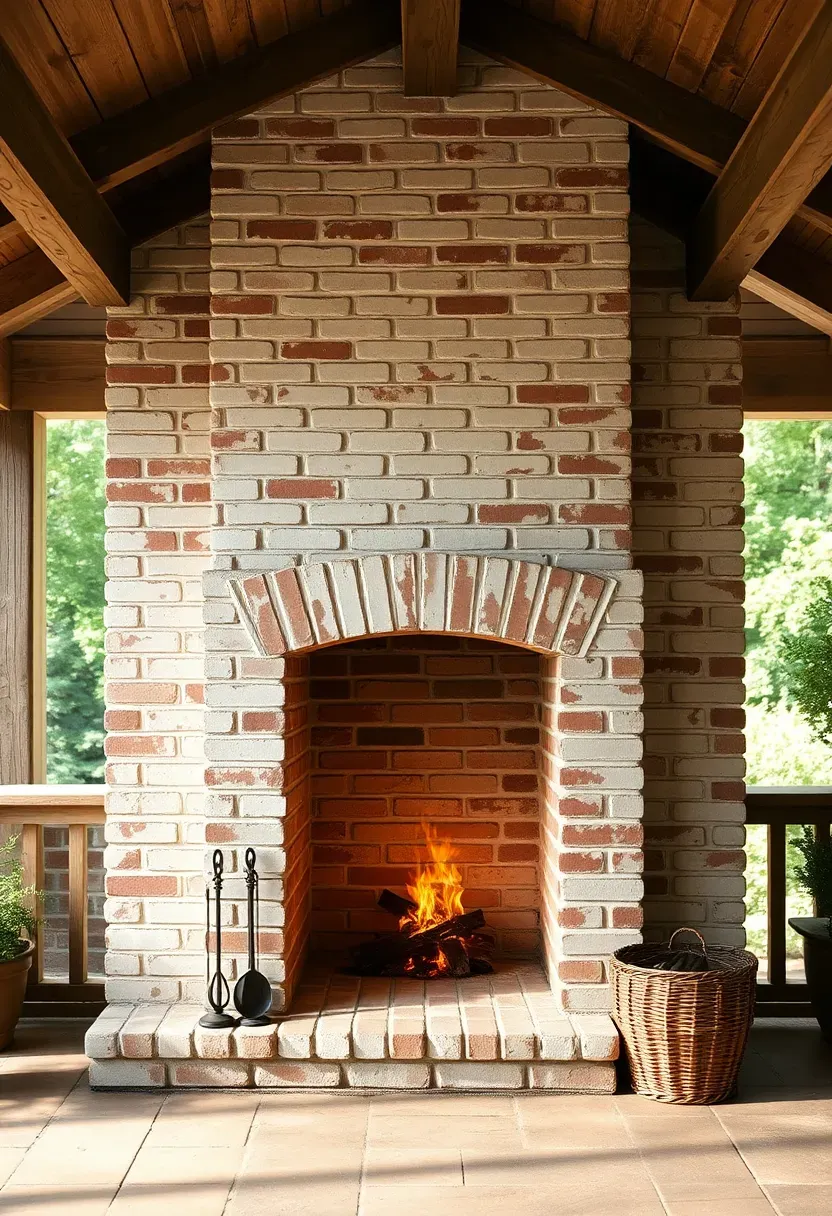 A whitewashed brick outdoor fireplace with a distressed finish on a covered farmhouse-style patio with wooden beams overhead