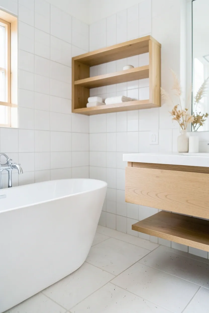 Spa-style white bathroom with light oak vanity, white freestanding tub, and warm wood shelf accents for a relaxing retreat