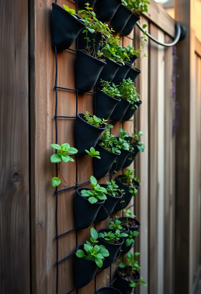 Vertical living wall garden bed mounted on an exterior fence with modular felt pocket planters growing herbs, succulents, and trailing vines in a small urban backyard