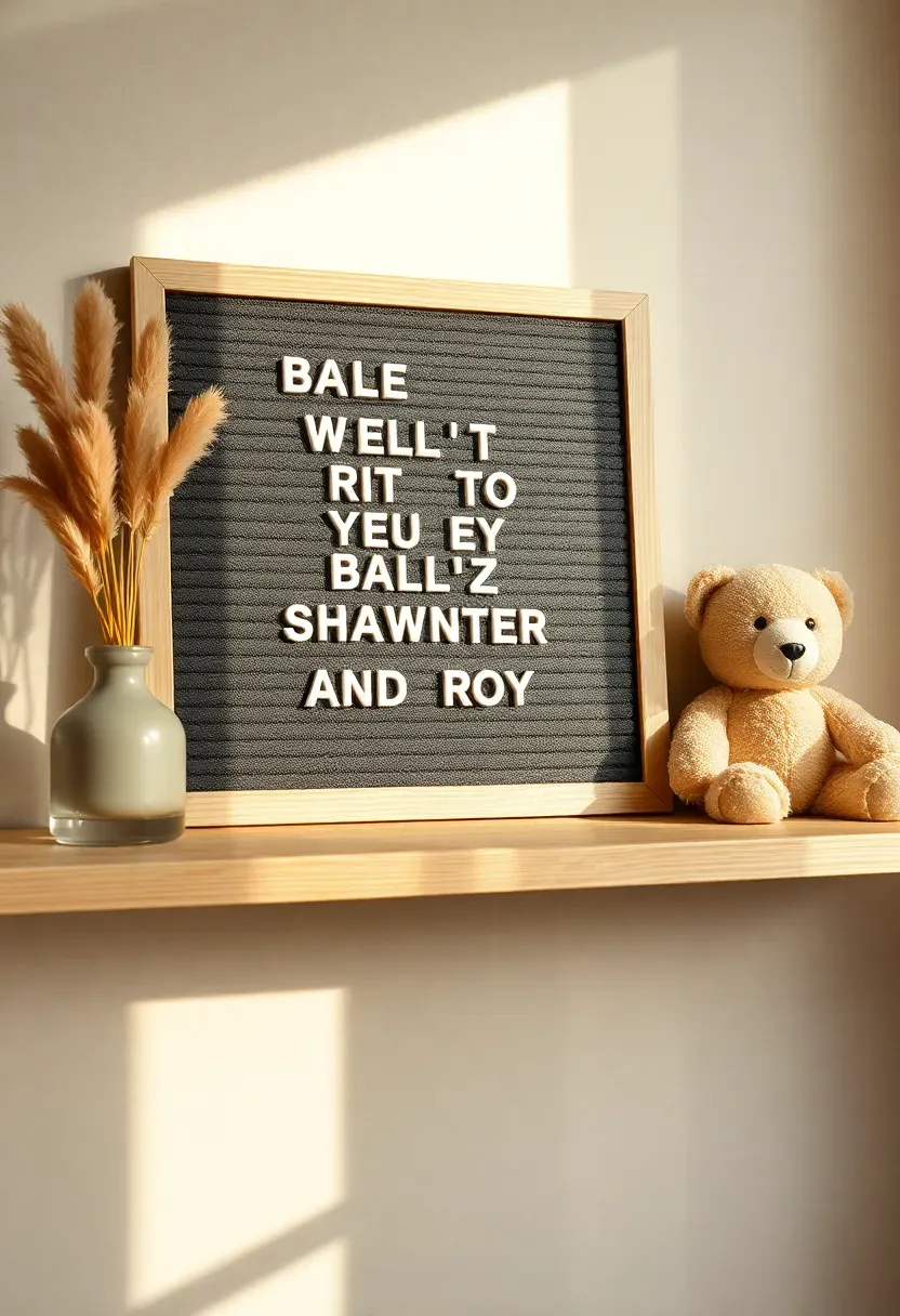 felt letter board with baby shower quote reading tiny fingers tiny toes our little love will soon be close on a shelf with dried flowers and a small teddy bear