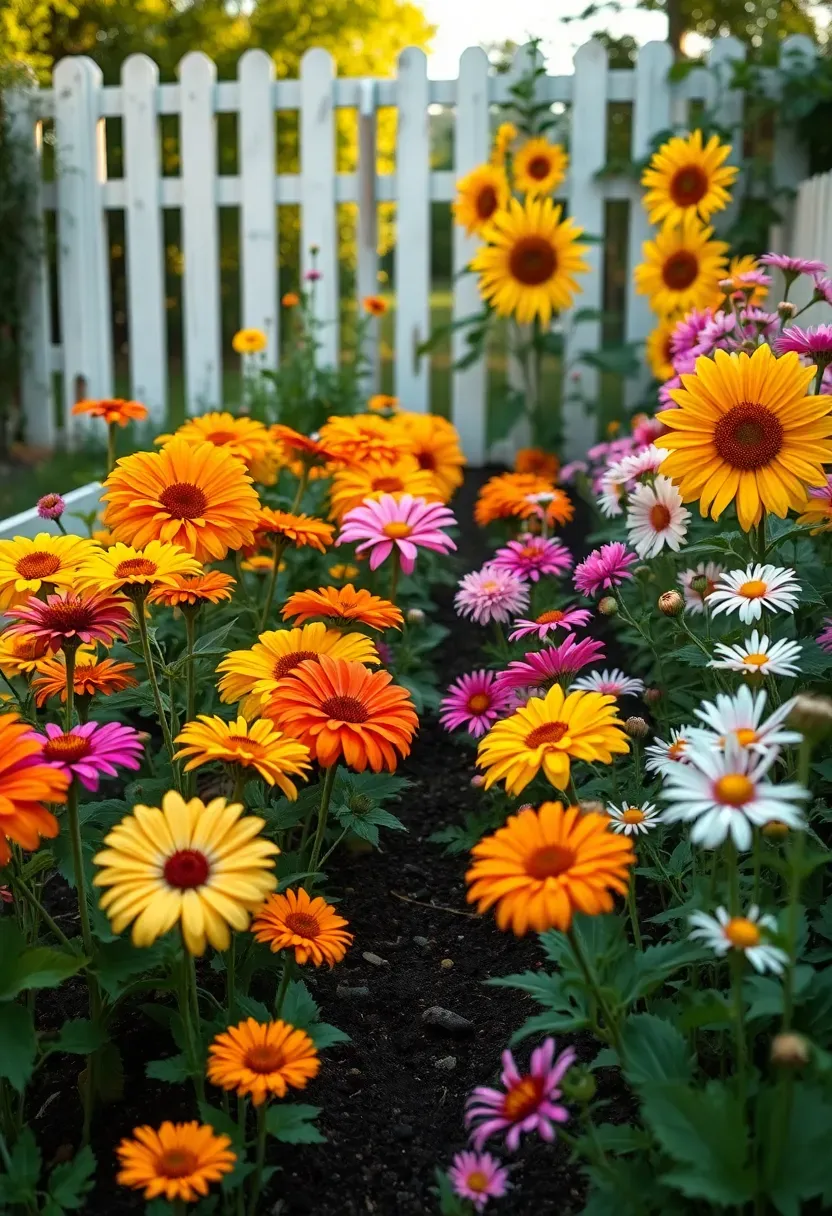Backyard cutting garden with rows of zinnias, dahlias, sunflowers, and cosmos in a dedicated raised bed with a weathered picket fence backdrop