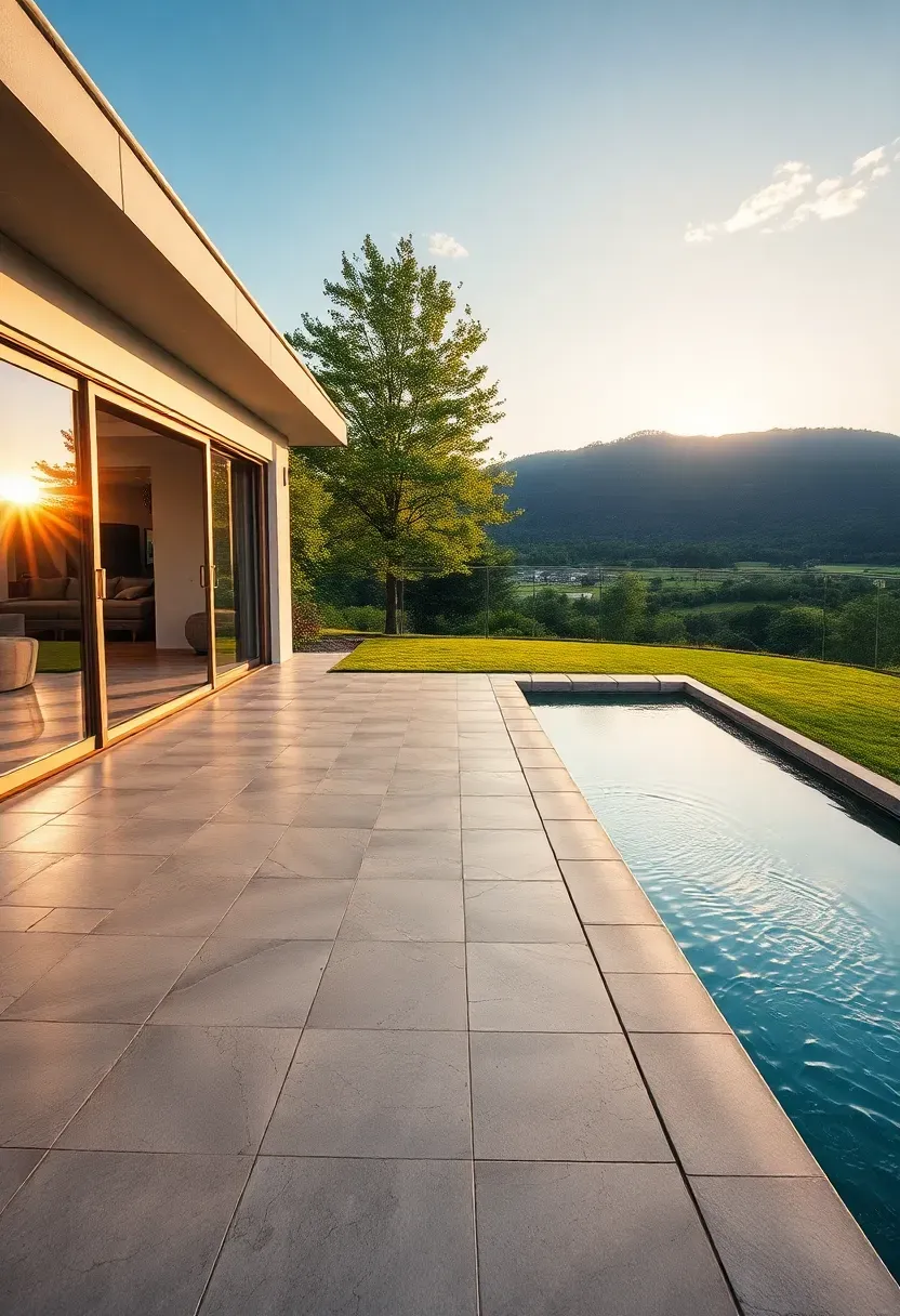 Expansive L-shaped patio wrapping around the corner of a modern home with seamless indoor-outdoor flooring, floor-to-ceiling glass walls, an infinity edge water feature, and panoramic landscape views