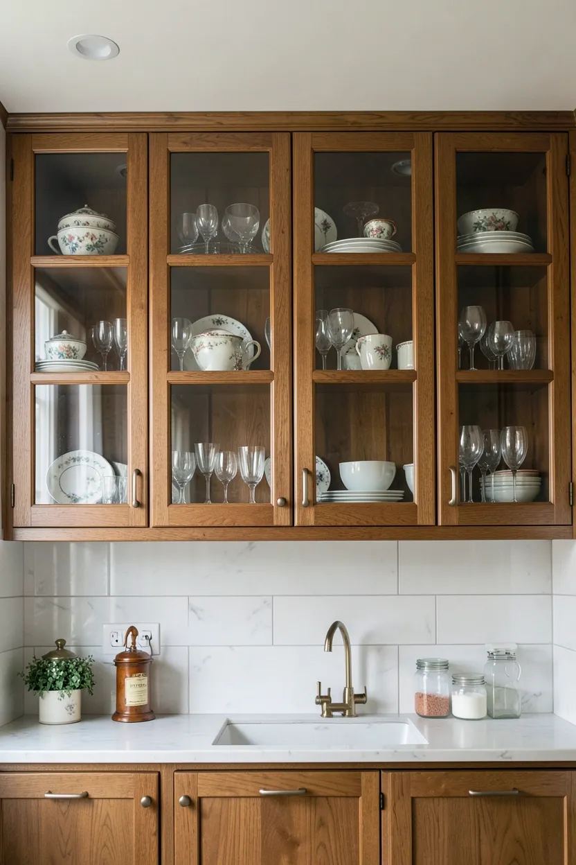 White glass-front upper kitchen cabinets with mullioned panes displaying vintage dishes and glassware — retro kitchen storage idea