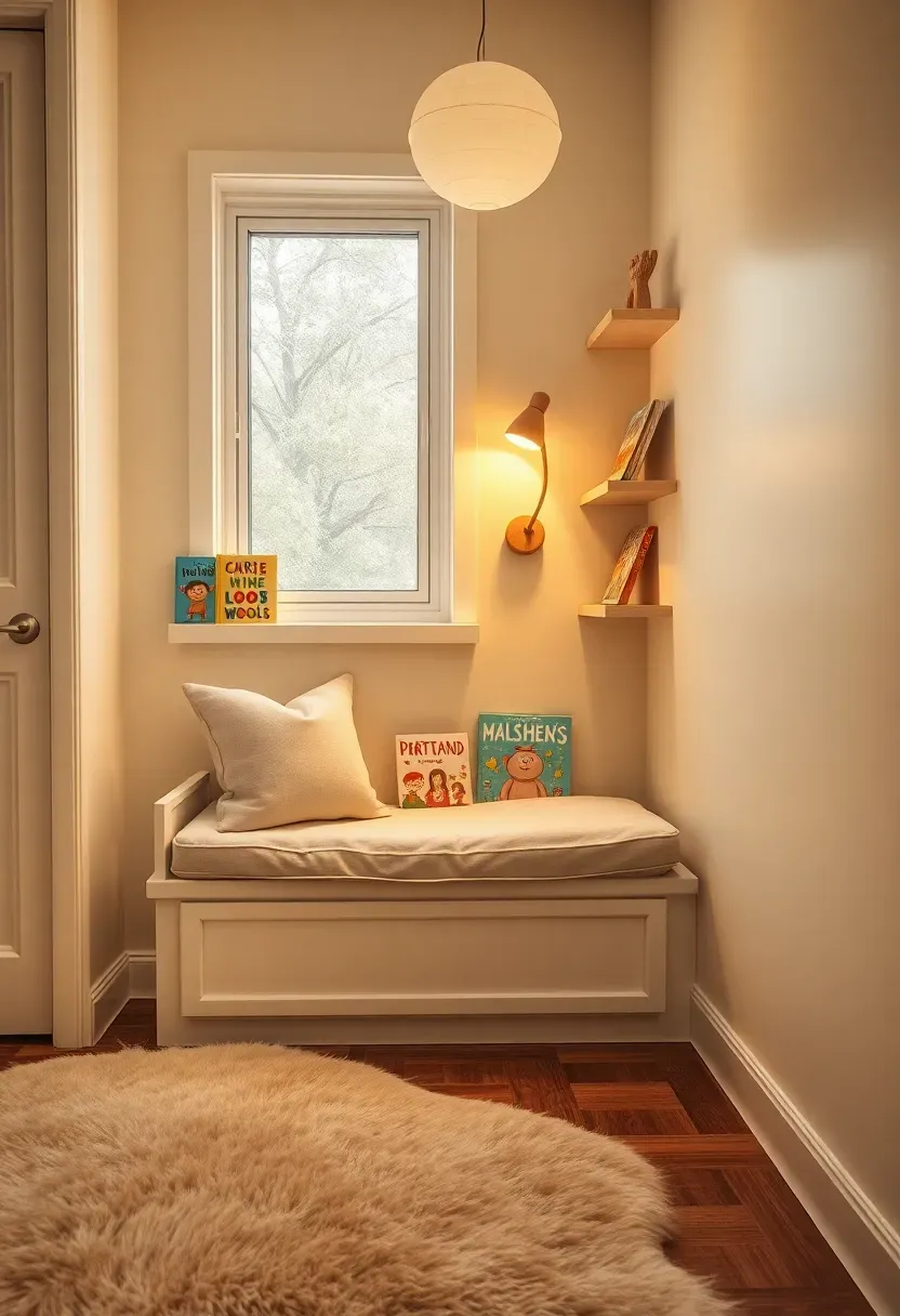 cozy nursery reading nook with built-in bench cushion bookshelf and warm lighting