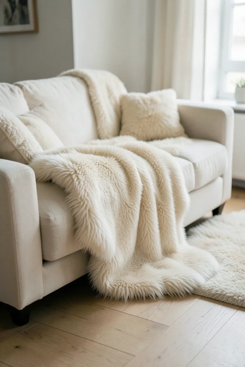 Cream sheepskin throw draped casually over a light gray sofa arm in a cozy Scandinavian boho living room with natural wood flooring