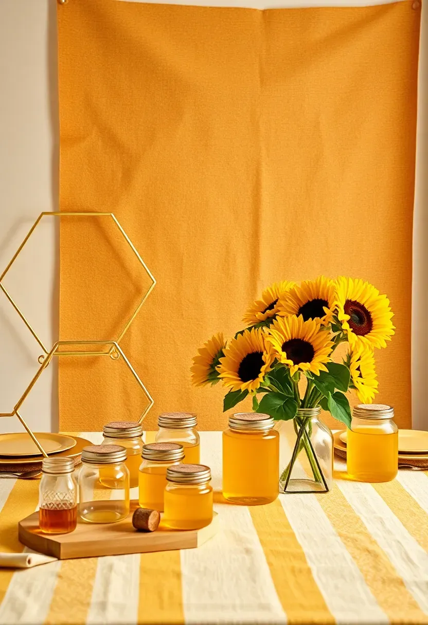 honey bee baby shower theme with hexagonal gold frames honeycomb paper backdrop yellow and white striped tablecloth and small jars of honey as favors